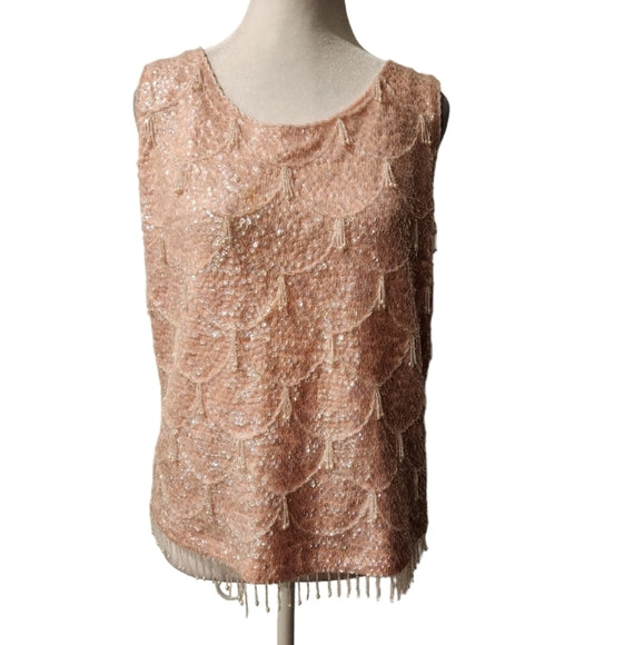 Vintage Pink Sequins & Beaded Sleeveless Top