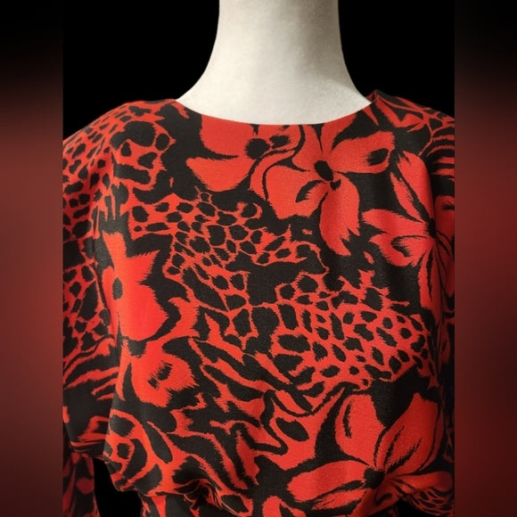 Vintage 80s/90s Red and Black Floral Dress with Pockets & Shoulder Pads