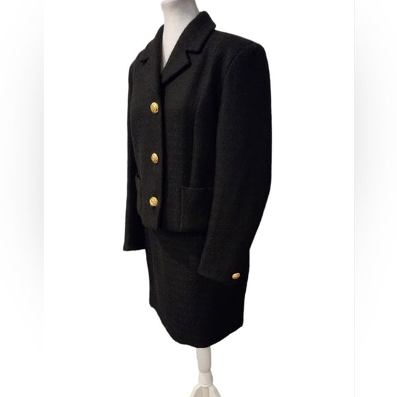 Black Wool Tweed Chanel Like Vintage Blazer with Gold Buttons and Matching Skirt