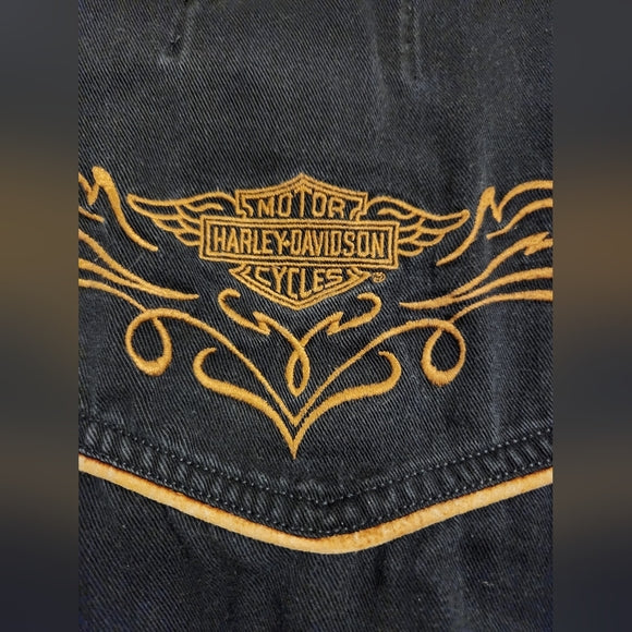 Vintage Harley Davidson Denim Snap Black Embroidered Shirt with Trim