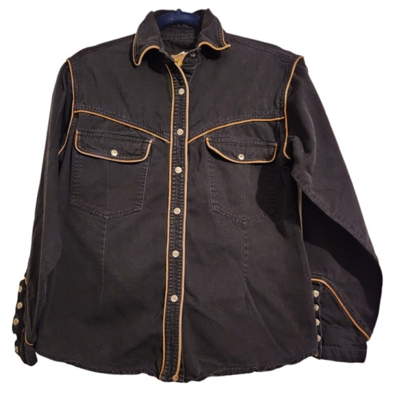 Vintage Harley Davidson Denim Snap Black Embroidered Shirt with Trim