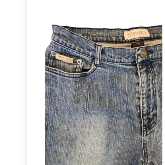 Vintage Simon Chang Faded Blue Straight Leg Jeans with Floral Embroidery