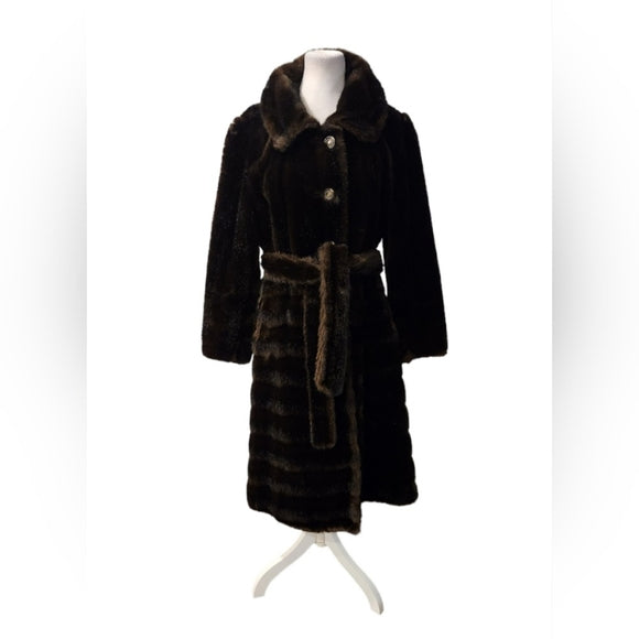 Vintage 1950s Tissavel France Faux Brown Fur Coat with Fur Waistband