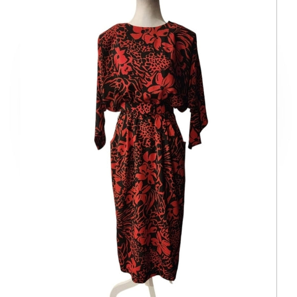 Vintage 80s/90s Red and Black Floral Dress with Pockets & Shoulder Pads