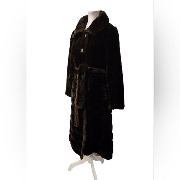 Vintage 1950s Tissavel France Faux Brown Fur Coat with Fur Waistband