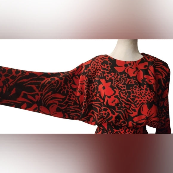 Vintage 80s/90s Red and Black Floral Dress with Pockets & Shoulder Pads