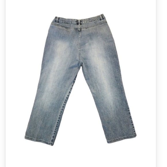 Vintage Simon Chang Faded Blue Straight Leg Jeans with Floral Embroidery