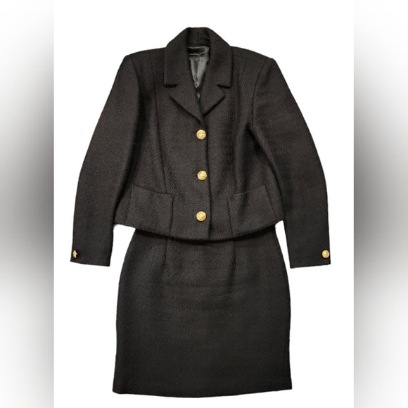 Black Wool Tweed Chanel Like Vintage Blazer with Gold Buttons and Matching Skirt