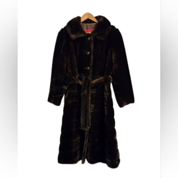 Vintage 1950s Tissavel France Faux Brown Fur Coat with Fur Waistband