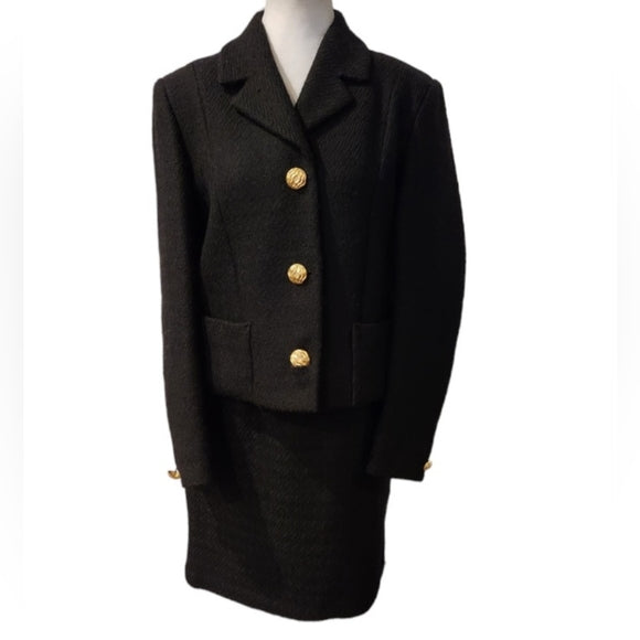 Black Wool Tweed Chanel Like Vintage Blazer with Gold Buttons and Matching Skirt