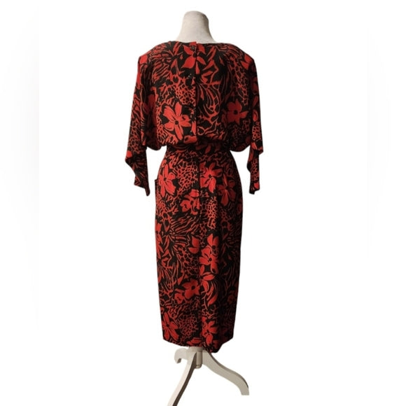 Vintage 80s/90s Red and Black Floral Dress with Pockets & Shoulder Pads