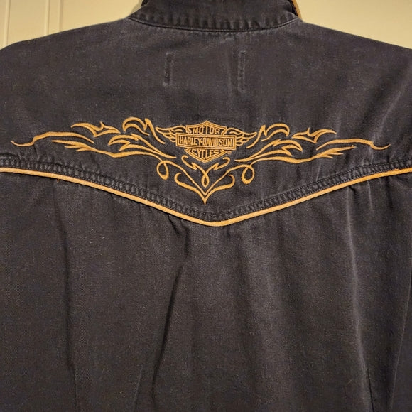 Vintage Harley Davidson Denim Snap Black Embroidered Shirt with Trim