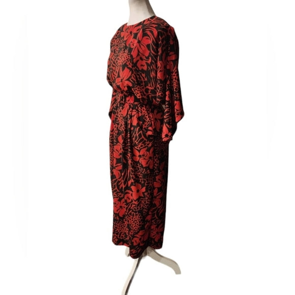 Vintage 80s/90s Red and Black Floral Dress with Pockets & Shoulder Pads