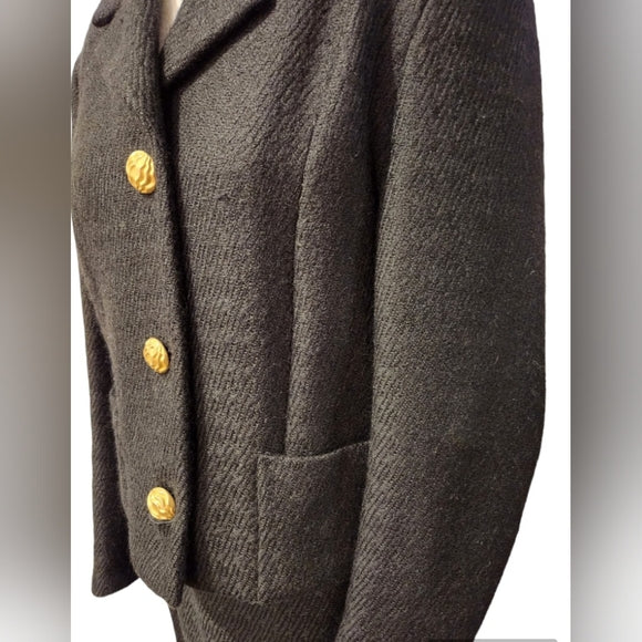 Black Wool Tweed Chanel Like Vintage Blazer with Gold Buttons and Matching Skirt