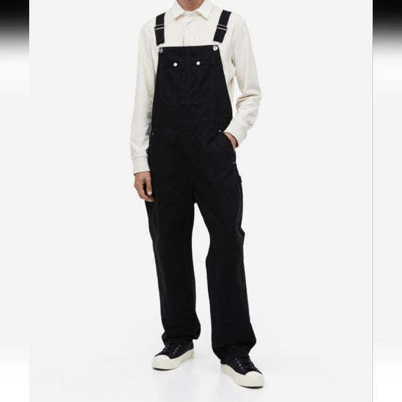 H&M Black Relaxed Fit Jeans Overalls with Silver Hardware