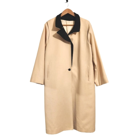 Vintage 90s Cream Color Long Coat with Black Lapel Trim