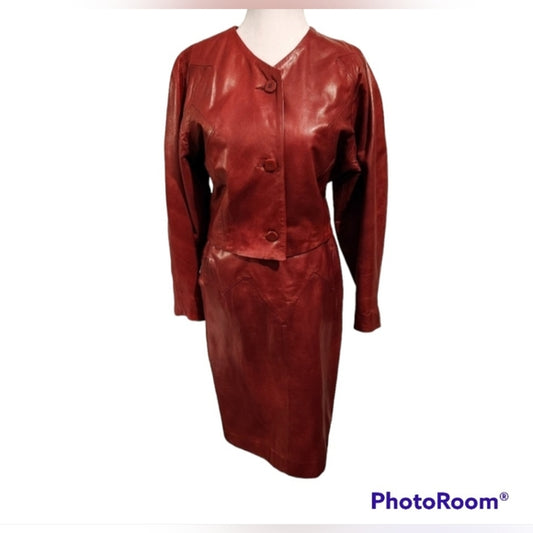 Vintage Red Leather Jacket and Skirt (Super Soft Leather)