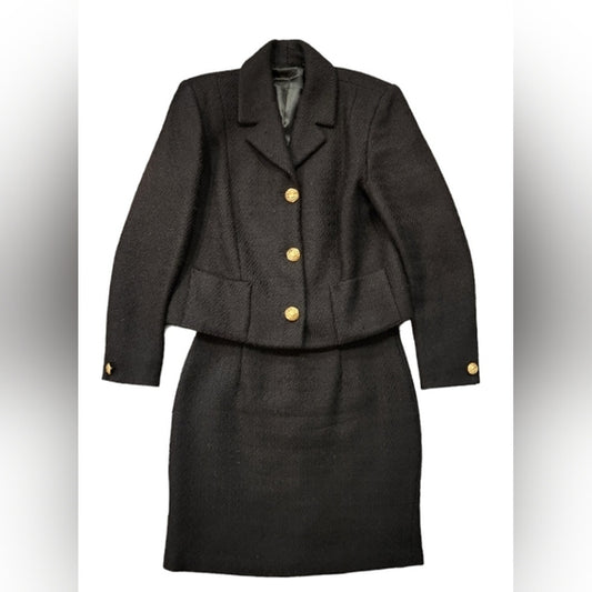 Black Wool Tweed Chanel Like Vintage Blazer with Gold Buttons and Matching Skirt
