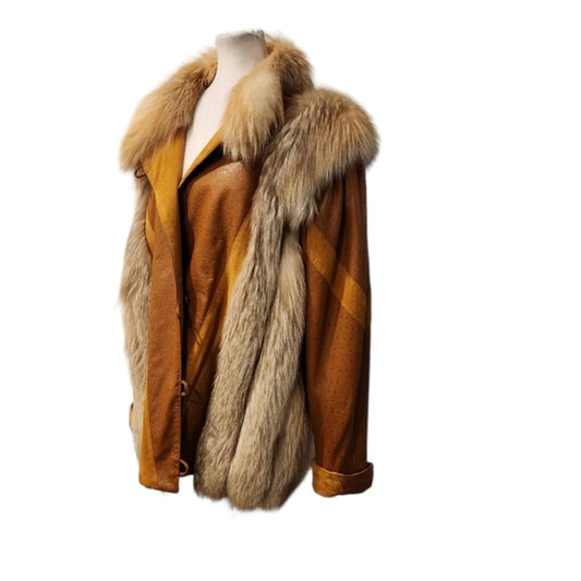 Rare Vintage Camel Color Leather and Fur Oversized Coat/Jacket
