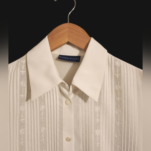 Vintage White Blouse/Shirt with buttons and embroidery on front and sleeve